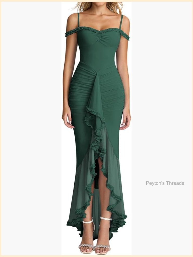 Ruffle Bodycon Maxi Dress Ruched Long Formal Cocktail